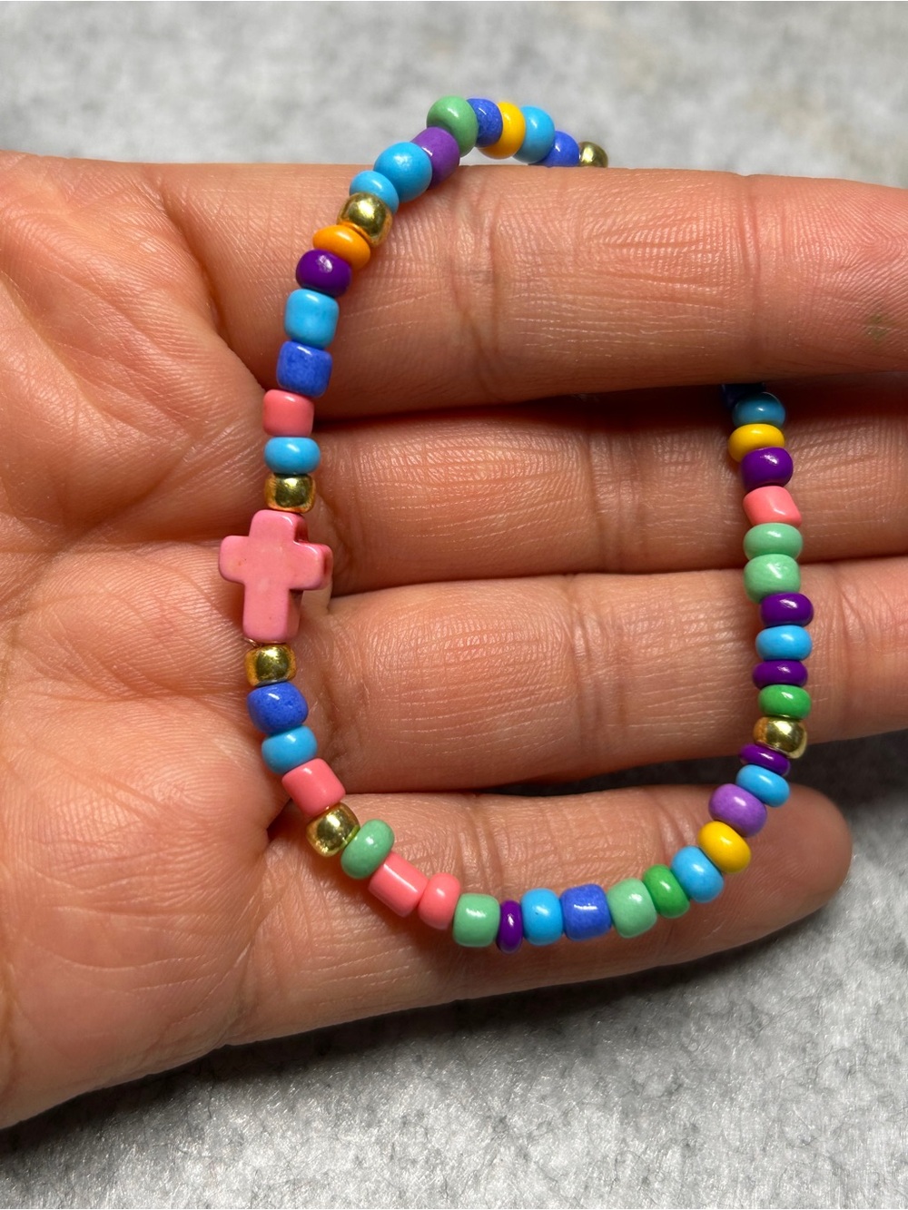 Colorful Beaded Cross Bracelet - Pink Cross